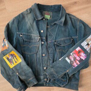 Denim Jean Jacket with Graphic Sleeve Patches - Blue